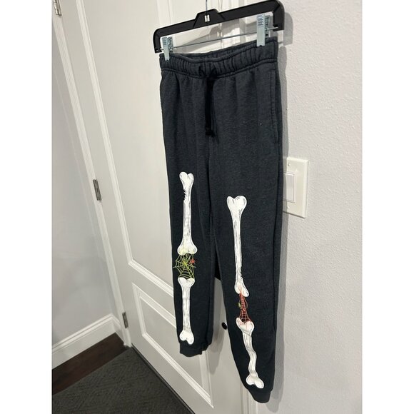 Skeleton Bone Halloween Jogger Sweatpants Charcoal Spider Web Trick or Treat - Picture 4 of 9